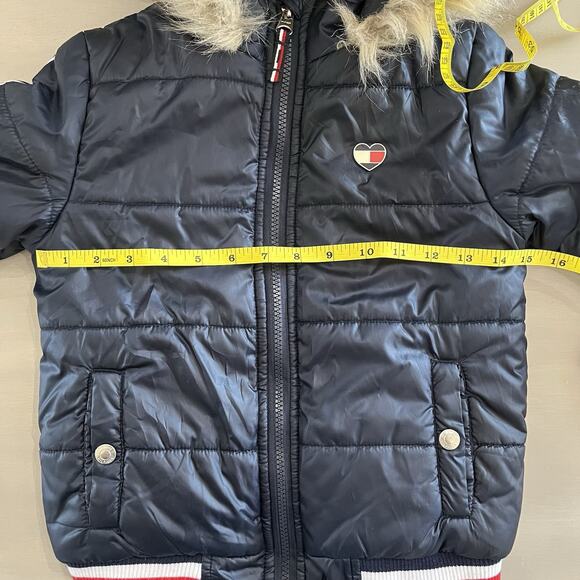 Tommy Hilfiger Unisex Kids Puffer Coat Jacket Hood Faux Fur Heart Logo 6X Blue - Picture 9 of 11